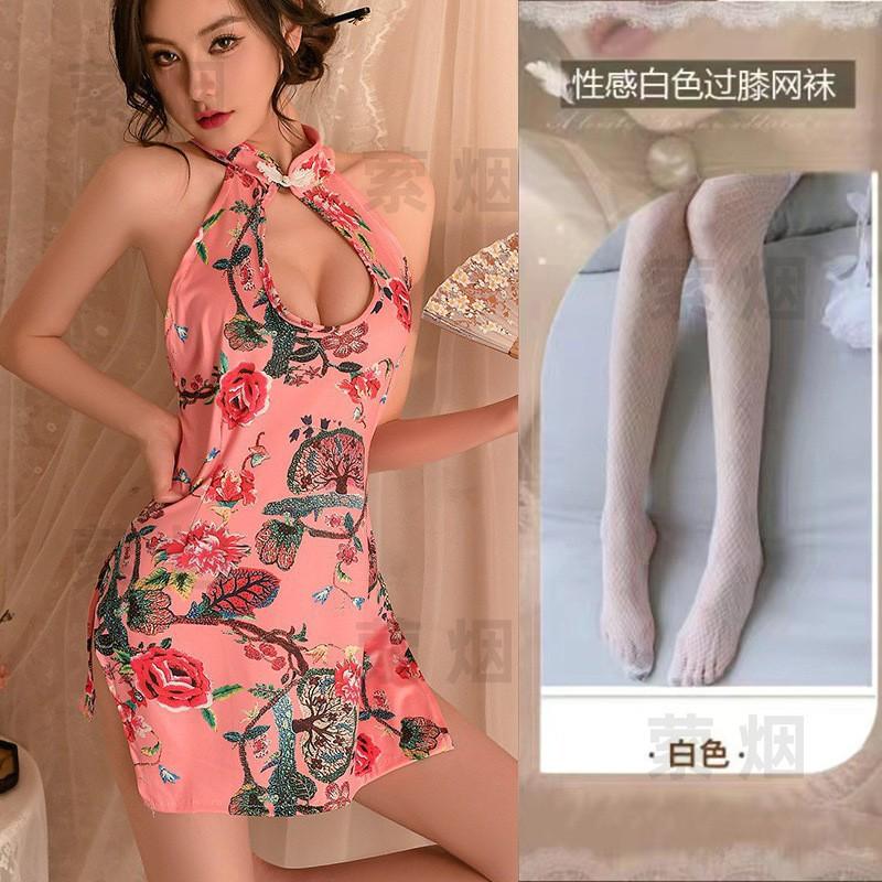 Sex underwear retro cheongsam large size sexy set floral deep V dew cheongsam passion set