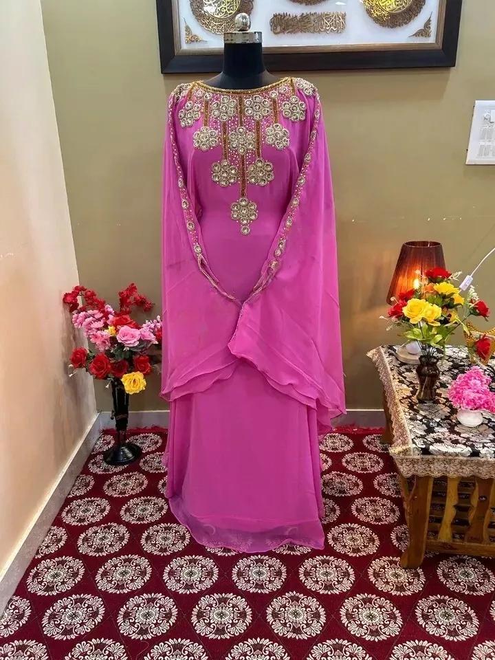 

Фараша Исламское кафтановое платье Марокканская ручная работа Дубай Стильная длинная Абая 3XL розовый