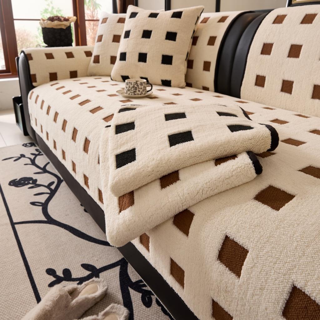 Warm Cube Jacquard Tuffed Fleece Anti-Slip Sofa Cover for Living Room Couch Seat Cover, Universal Sofa Slipcover Furniture Towel