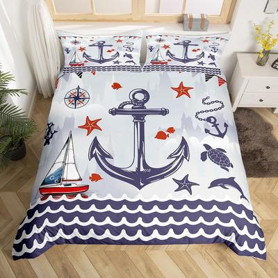 Vintage Anchor Duvet Cover Twin King Nautical Theme Bedding Set Sailing Boat Sea Turtle Bed Cover Compass Starfish Quilt Cover