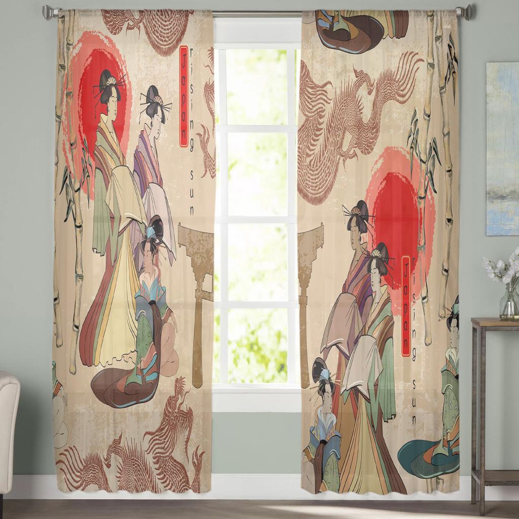 Japan Rote Sonne Geisha Frau Drache Bambus Chiffon Gardinen für Wohnzimmer Schlafzimmer Dekor Fenster Voile Tüll Vorhang Vorhänge