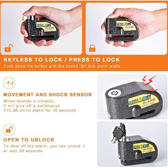 Motorrad-Alarmplatte, Bremsschloss, Motorradschloss, Diebstahlsicherung, Roulette-Radschloss, wasserdicht, 110 dB Alarm, Tonband, 1,5 m Erinnerungskabel, Schlüssel
