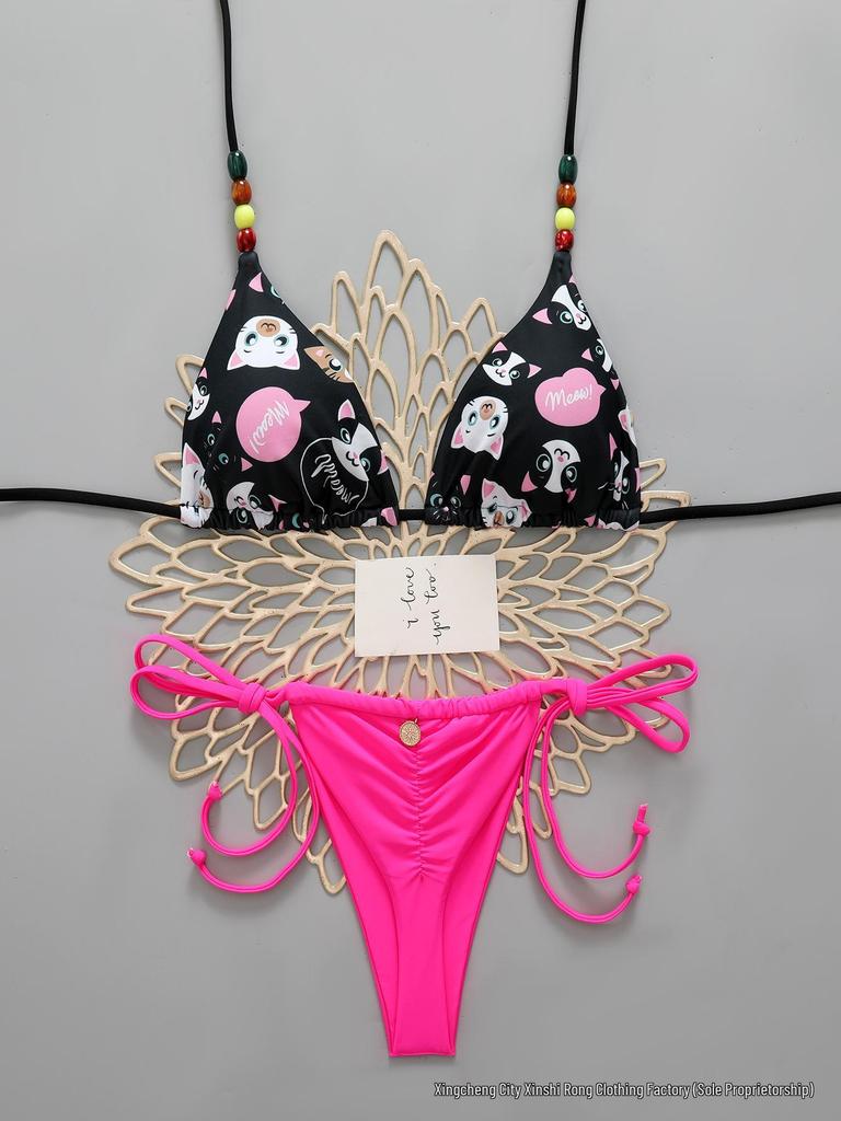 European & American Hot-Selling Sexy Lace-Up Kitten Bikini Thong Swimsuit