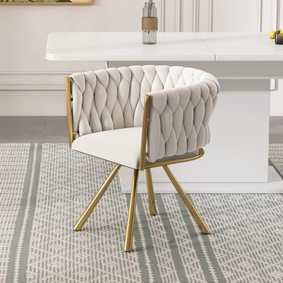 Velvet Dining Chair, Single Light-colored Luxury Living Room Bedroom Swivel Chair, Leisure Swivel Chair with Four Metal Support Legs, Beige and Gold