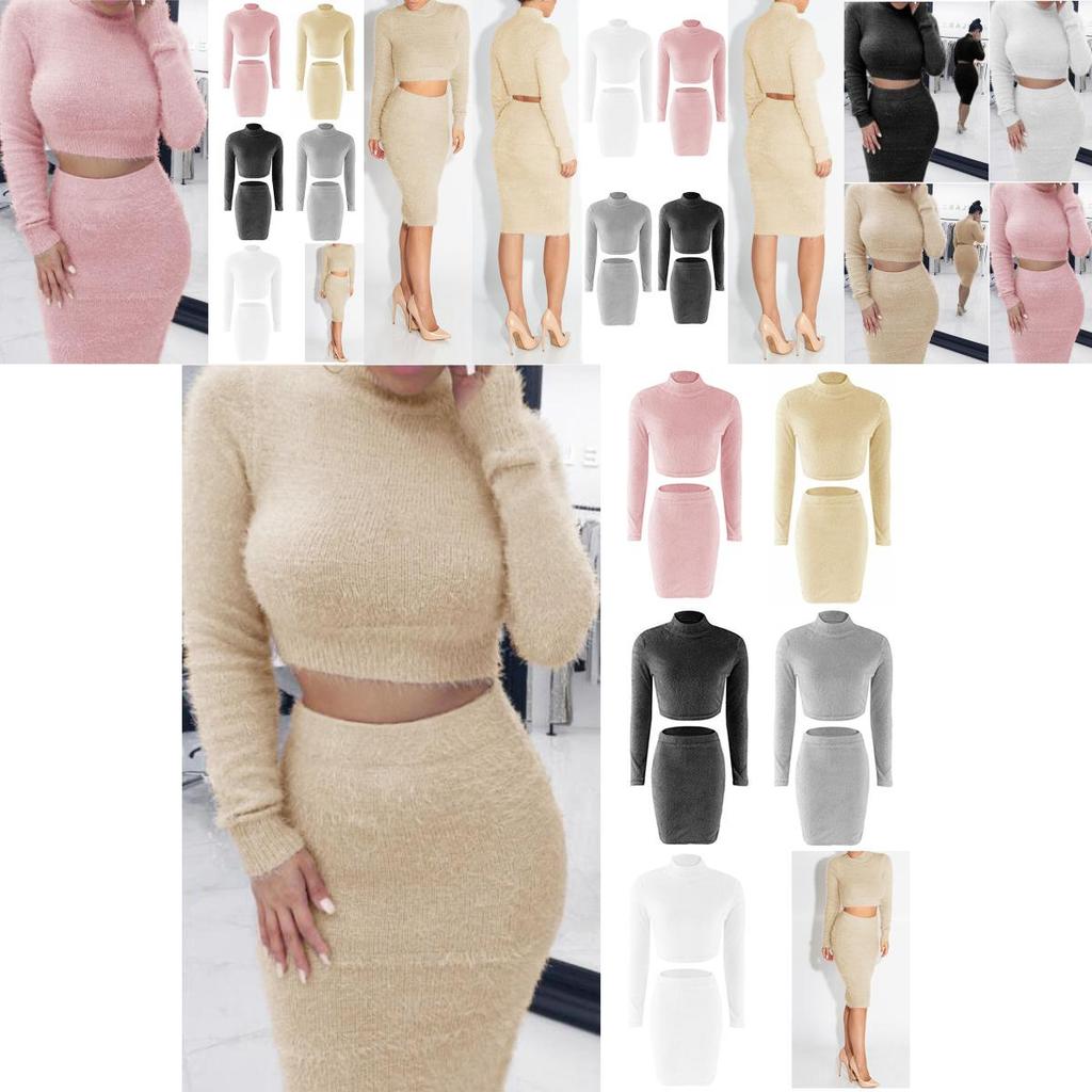 Stylish 2pcs/set Winter Sexy Womens Sweater Dress Bodycon Crop Top And Skirt Set