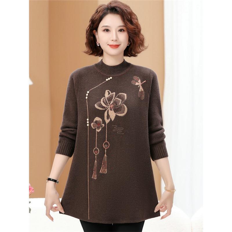 220 Jin Plus Size Middle-Aged & Elderly Women's Round Neck Pullover Sweater, Autumn/Winter, Loose Fit, Base Layer.
