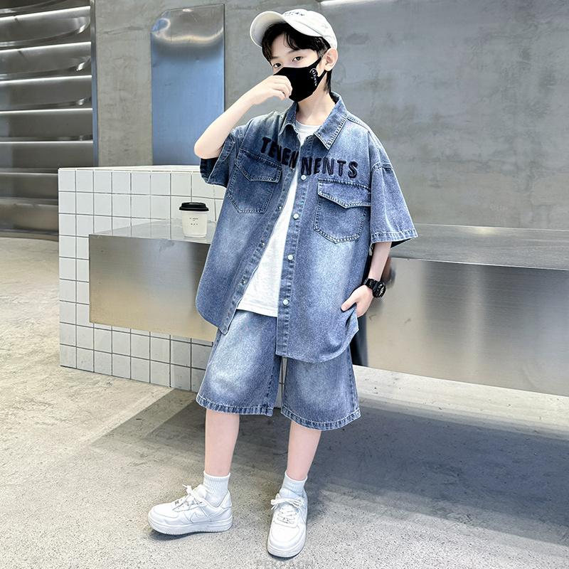 

Boys Denim Suit Summer Clothes New Children s Short Sleeve Shirt + Shorts Sports Korean Tracksuit Sets Kids Luxury Clothing Suit 170 синій