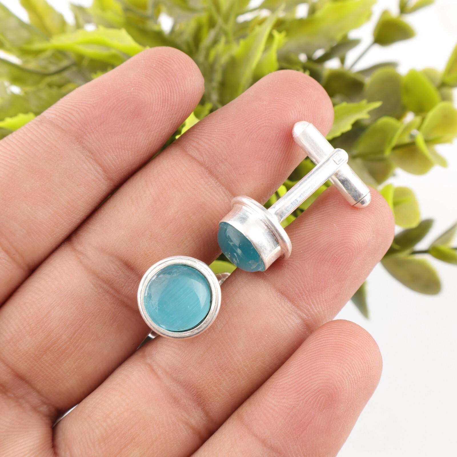 

Запонки из стерлингового серебра 925 пробы с синим кошачьим глазом, ювелирные изделия ручной работы для подарка CL-4-24