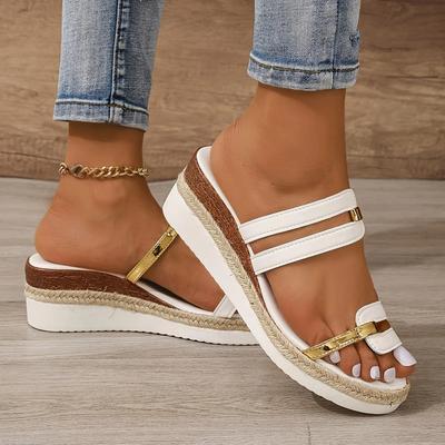 Summer Casual Color Blocking Sandals For Women Dressy Comfortable Soft Leather Thick Soled Slope Woven Straw Sandals 36-43