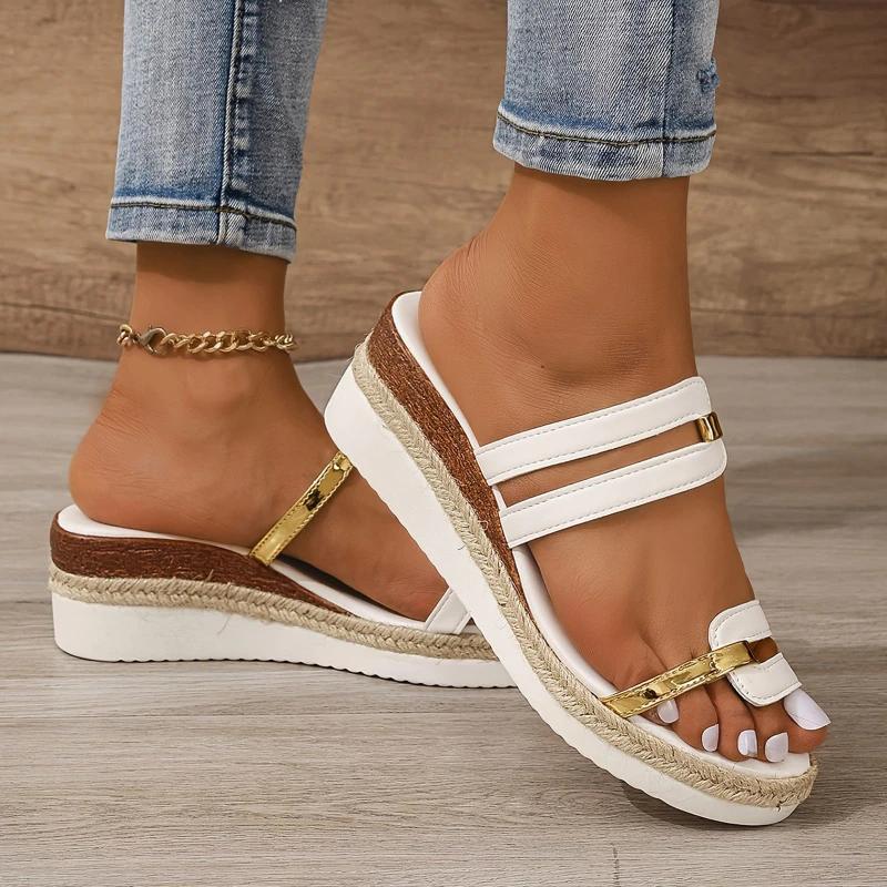 Fashion Summer Casual Color Blocking Sandals For Women Dressy Comfortable Soft Leather Thick Soled Slope Woven Straw Sandals 36-43