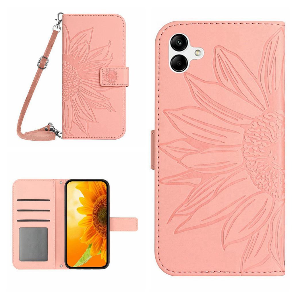 HT04 For Samsung Galaxy A06 4G Case PU Leather Sunflower Imprint Phone Cover with Long Strap