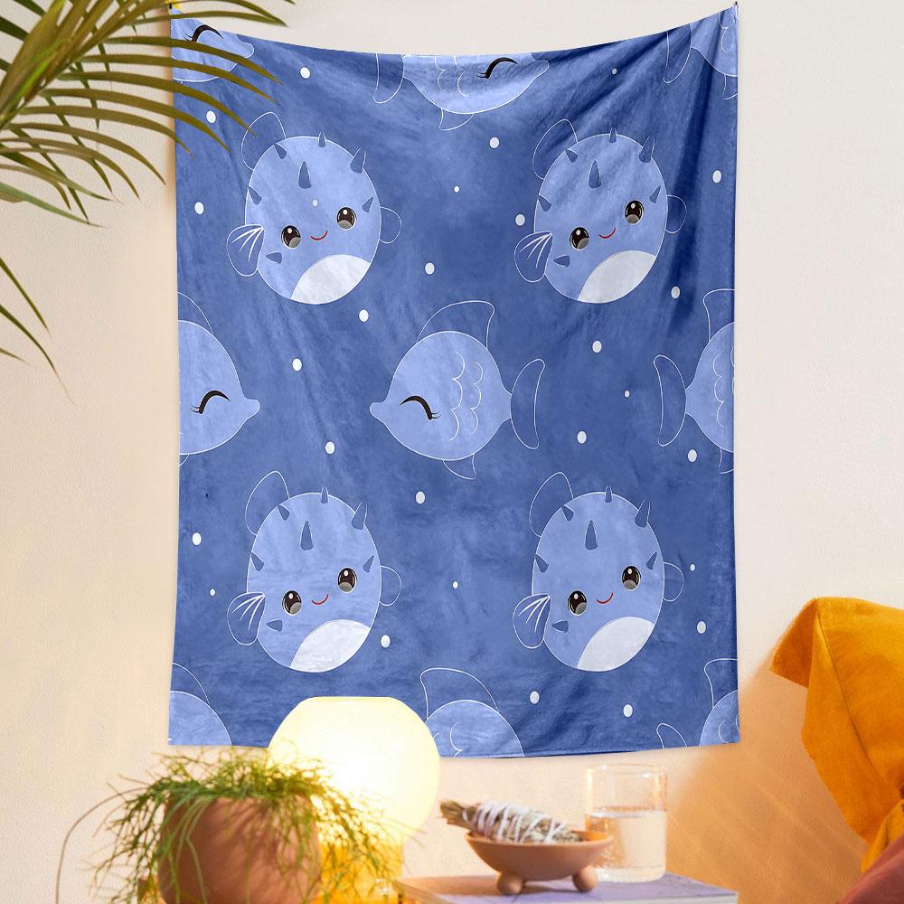 Cute Cartoon Fish Pattern on Blue Background Patterned Tapestry Decorative Wall Hanging, Home Bedroom Living Room Decor