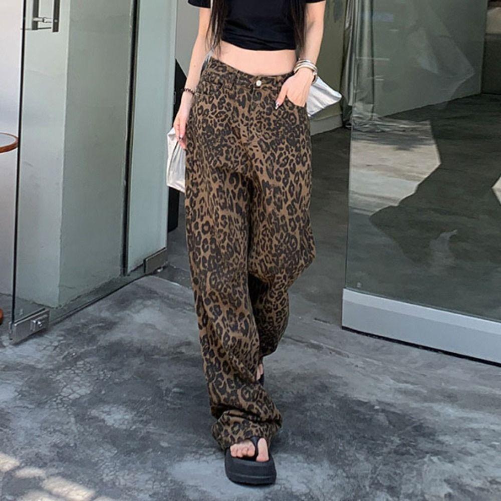 Baggy Leopard Print Jeans Straight Leg Cowboy Pants Fashion Jeans Women Y2k  Lady