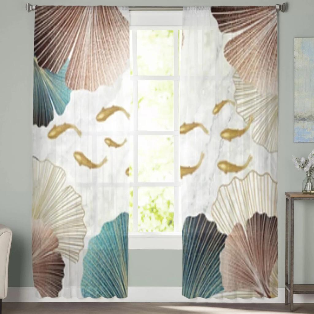 Ginkgo And Goldfish Marble Texture Sheer Curtains For Living Room Window Transparent Voile Tulle Curtain Bedroom Drapes