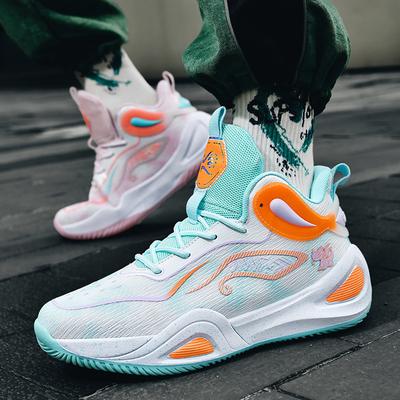 Ein Paar Liefer-Basketballschuhe Herren Mesh-Stiefel Mandarinenten-Farbschema Mittelschüler Sneaker Zementboden-Sneaker Damen