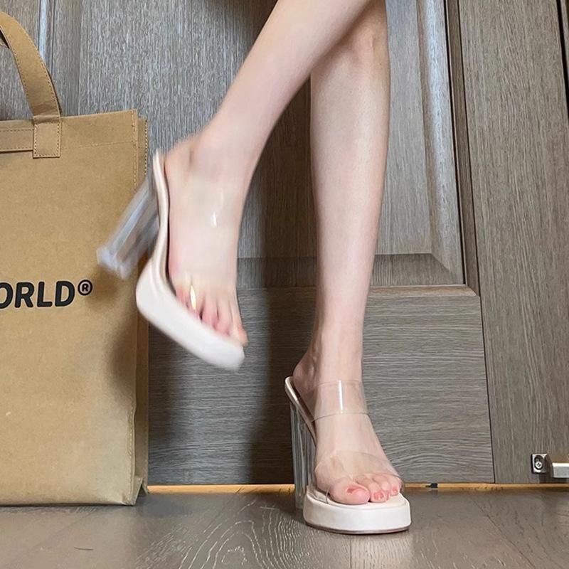 Summer new open-toed transparent word with waterproof table slippers women's simple crystal thick heels high heels sandals
