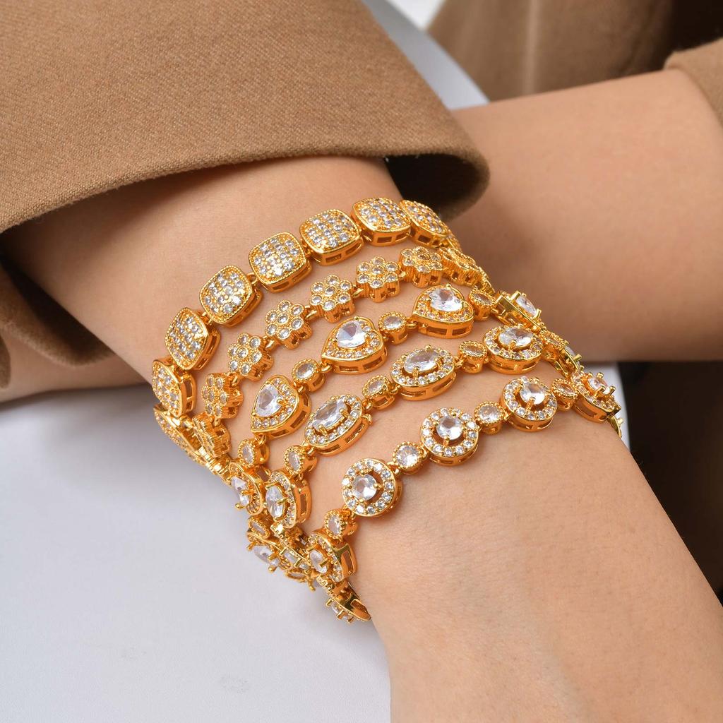 Glänzendes Metallarmband mit Zirkonia, 14K Goldplattiertes klobiges Gliederarmband zum Stapeln, Modischer Elegantes Schmuckstück für Frauen Mädchen Geschenk