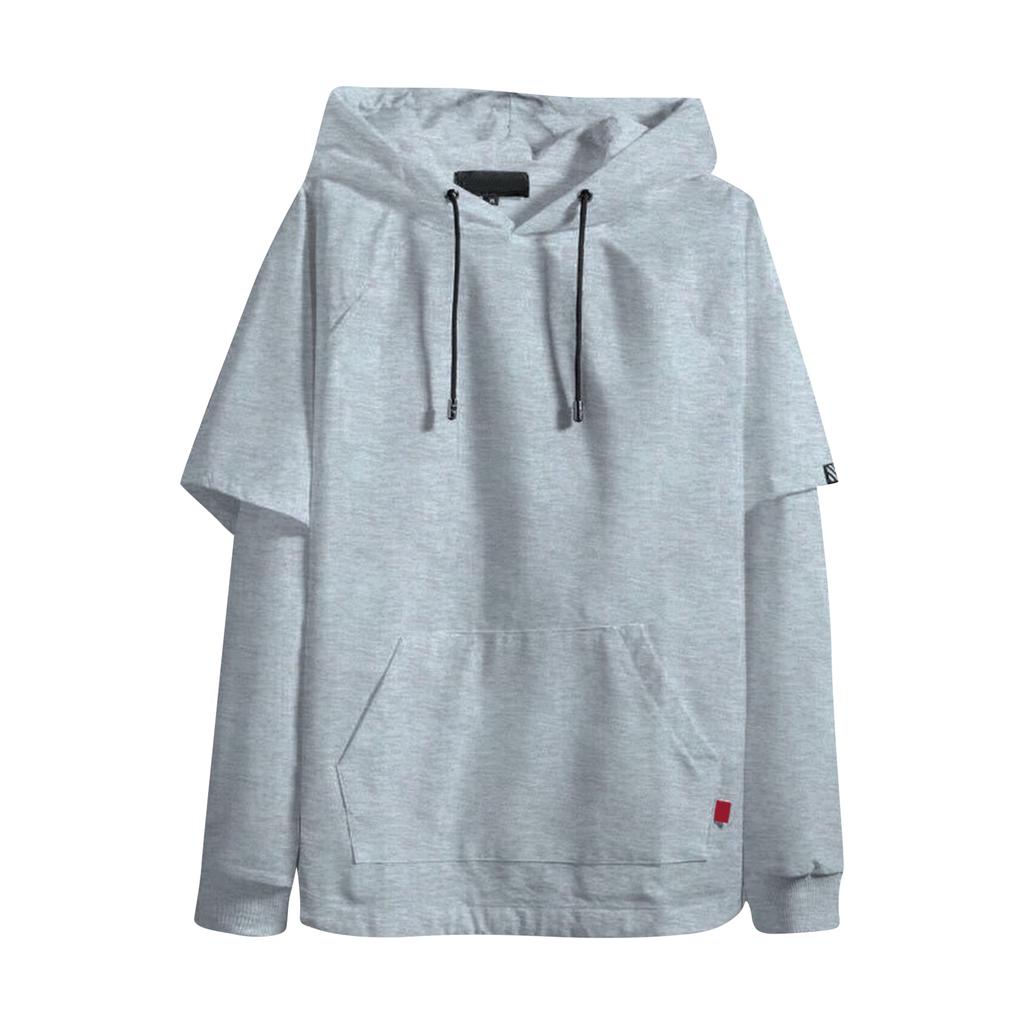 Men's Casual Sports Loose Fake Two Piece Clothing Long Sleeved Hooded Pullover Sweatshirt