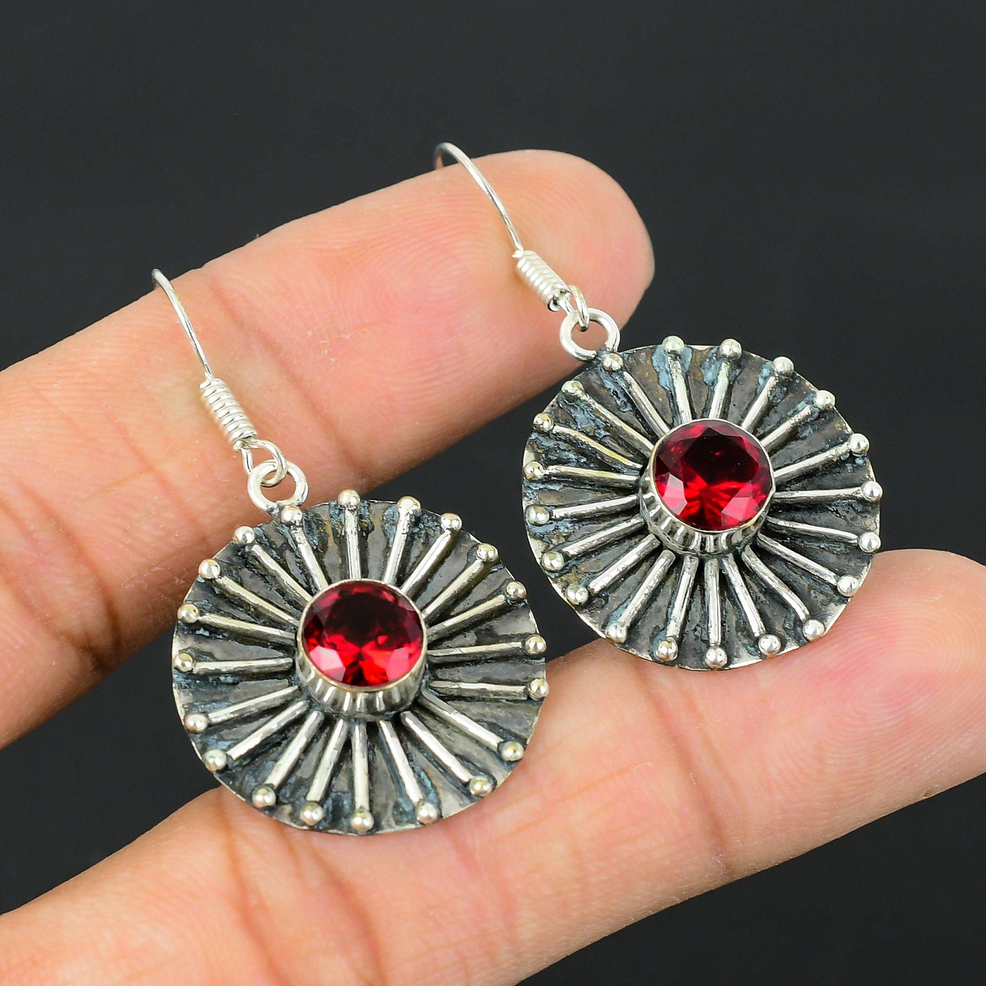 

Round Mozambique Garnet Stone 925 Sterling Silver Dangling Wedding Hook Earrings