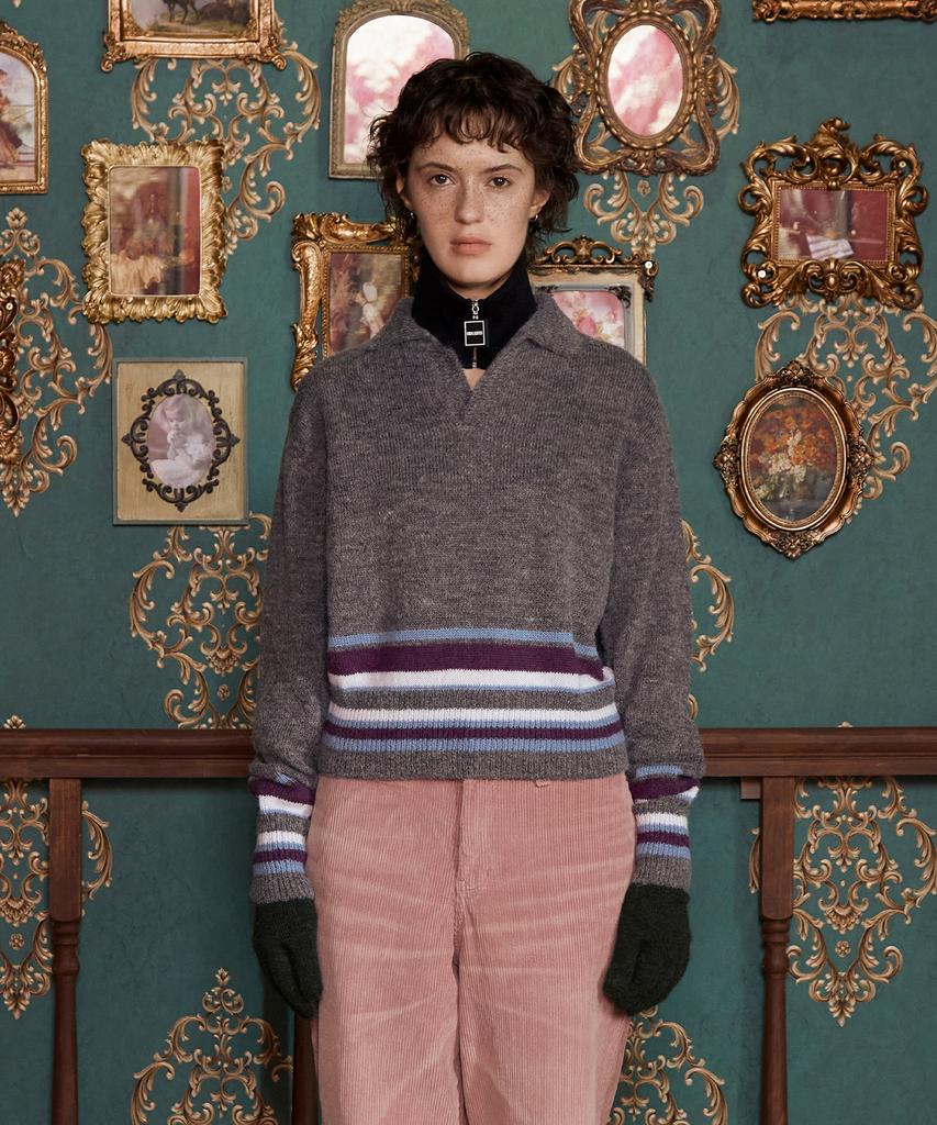 UNALLOYED Alpaca Striped Knit Polo Shirt / Charcoal