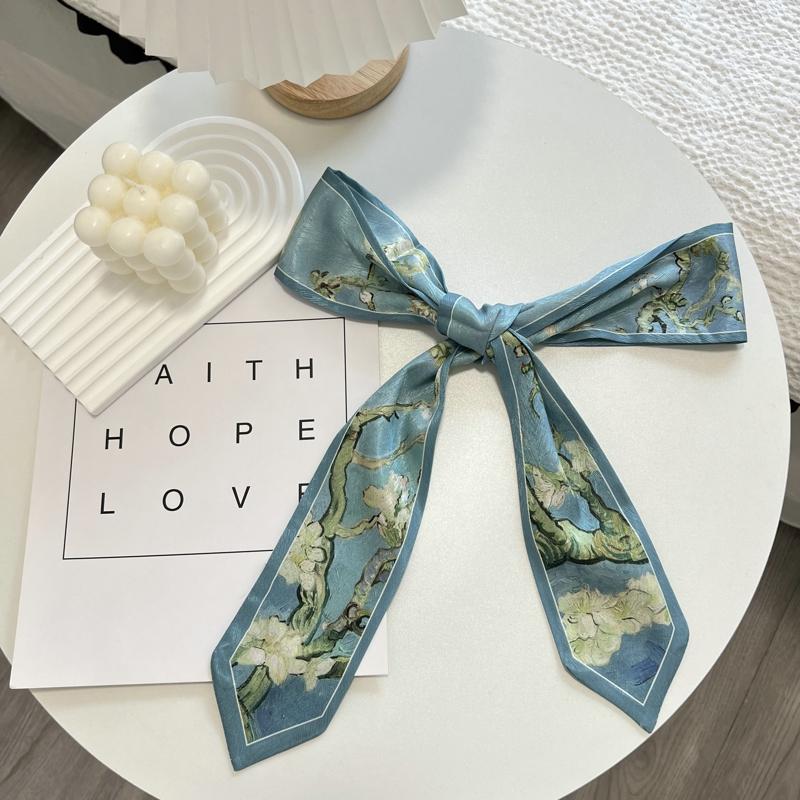 High-Grade Flower Print Long Silk Scarf Hair Band Ribbon Tied-up Hair Long Bow Vintage Satin Ribbon Hair Accessories For Women