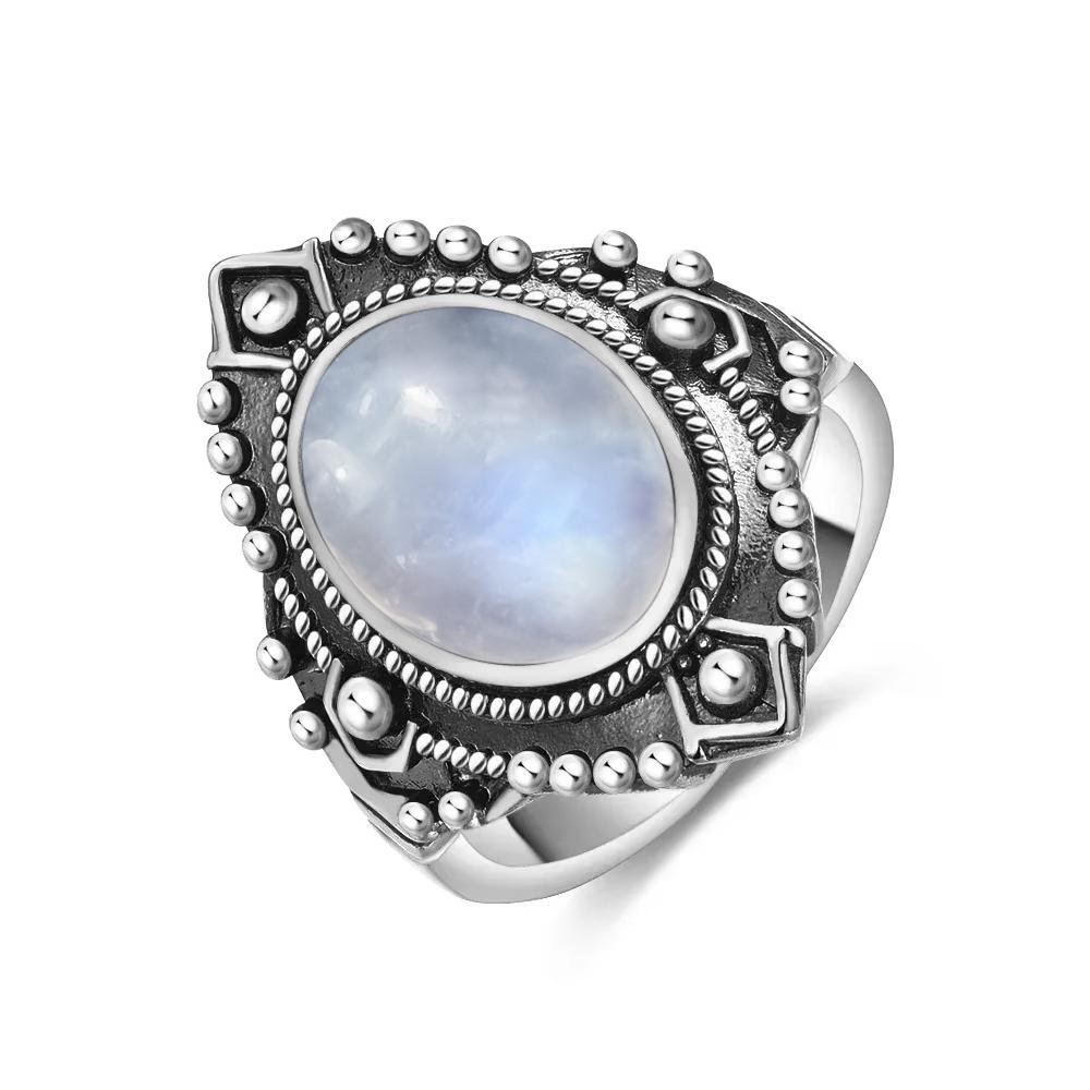 Vintage 925 Sterling Silver Natural Moonstone Rings Bohemia Oval Shape Retro Ring Gifts Fine Jewelry for Women Men