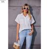 DX~Women's Cotton Linen Shirt Short Sleeved Henry Shirt Button Up V-neck Casual Work Top with Two Pockets