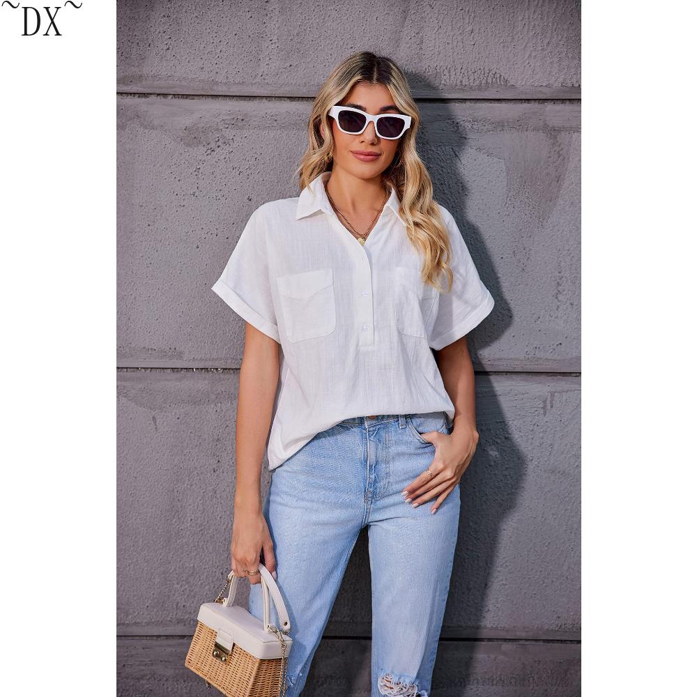 DX~Women's Cotton Linen Shirt Short Sleeved Henry Shirt Button Up V-neck Casual Work Top with Two Pockets