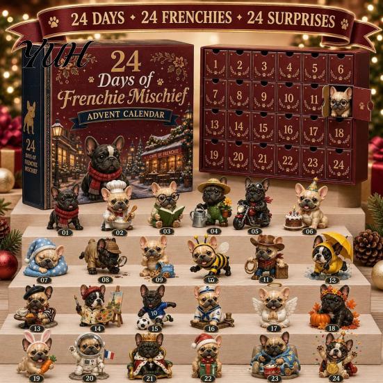 Bulldog Countdown Calendar French Advent Calendar, 24-Day Christmas Acrylic Ornament, Collectible Gift for Pet Owners Figurine Hanging Decor Tree, Dog