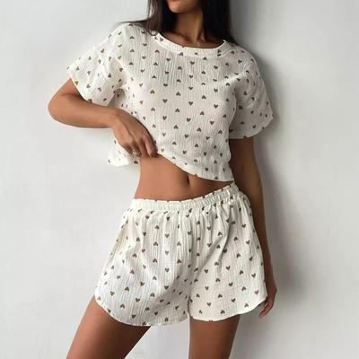 Summer Thin Heart-shaped Printed Crepe Pure Cotton Sleepwear Women's Short Sleeved Slit Shorts Two-piece Set