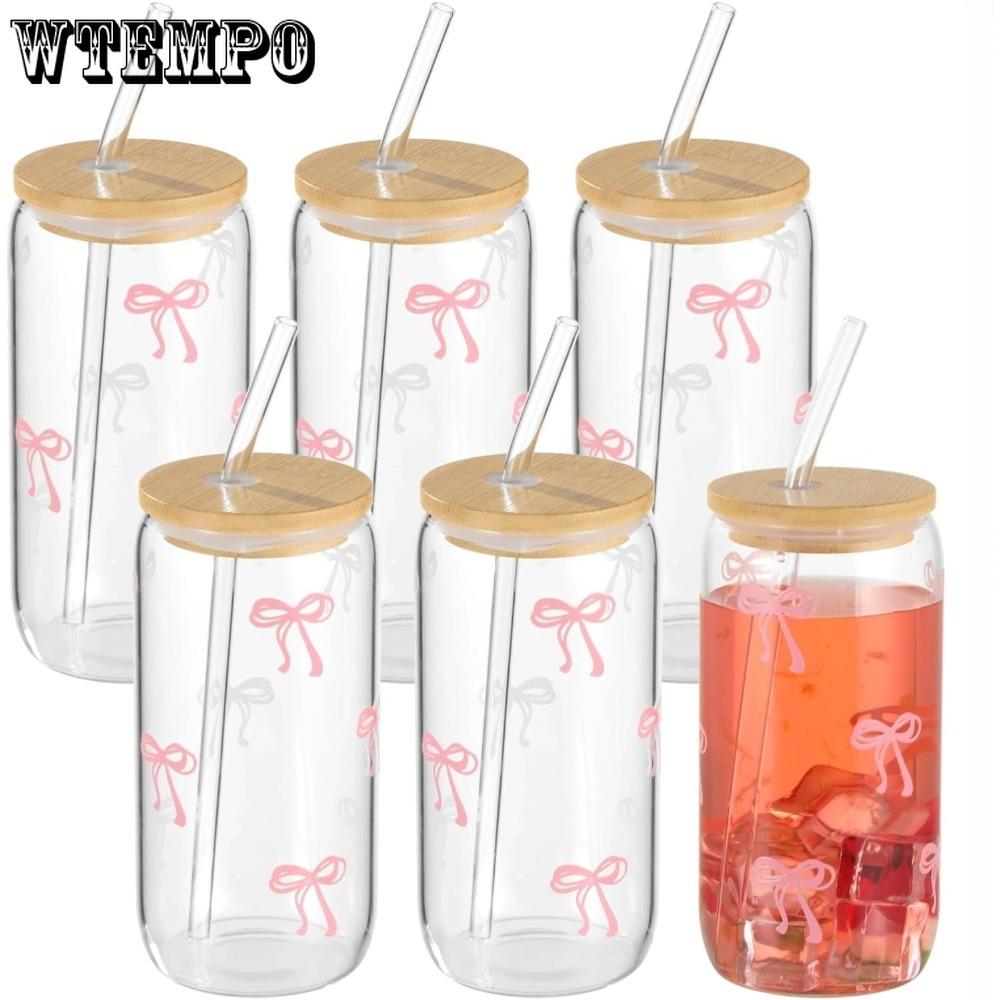4pcs Bow Glass Cups with Lids and Straws 16oz Can Shaped Drinking Glasses Set Iced Coffee Cup Beer Glasses Tumbler