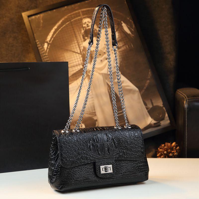 White Crocodile Pattern Women's Bag Big Brand Lock Small Square Bag Fashionable Shoulder Crossbody Bag Chain Bag