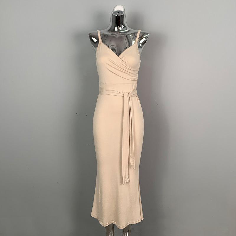 Korean Dongdaemun V-neck Slim Lace-up Waist Camisole Dress One Size