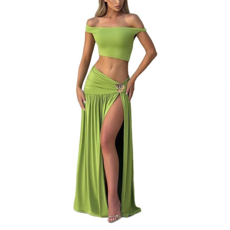 2025 Stylish European & American Women's One-Shoulder Crop Top and Slim-Fit Side Split Skirt Set