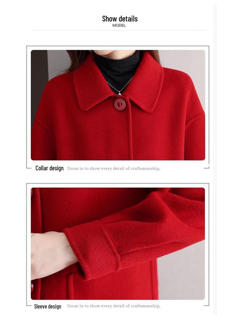 Women's Mid-Length Age-Defying Red Double-Faced Cashmere Coat, 2025 Korean-Style, Loose Fit with Wool Lining