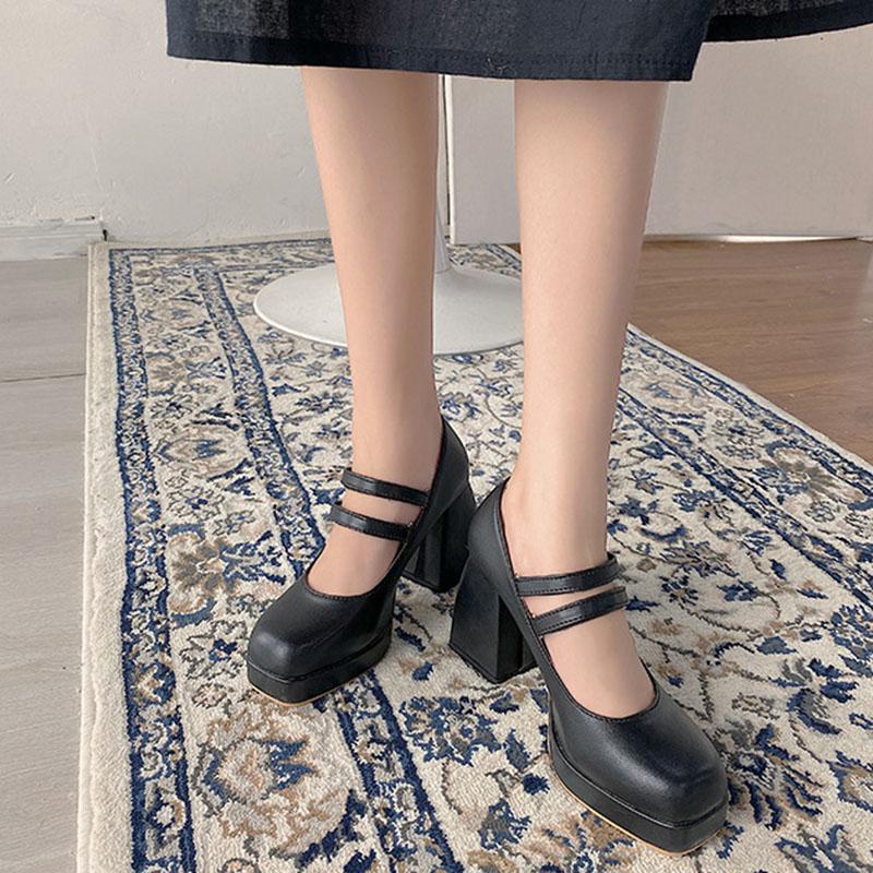 

Женские туфли на высоком квадратном каблуке с квадратным носком, осенняя женская обувь на платформе, женская обувь Мэри Джейн на крючках, женские туфли-лодочки в стиле ретро. 8.5 чёрный