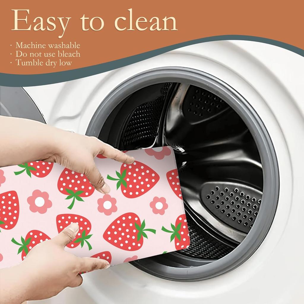Pink Strawberry Dish Drying Rack Mat for Kitchen Counter,Cute Flowers Dish Drying Pad Absorbent Reversible Microfiber Protector for Coffee Bar Sink