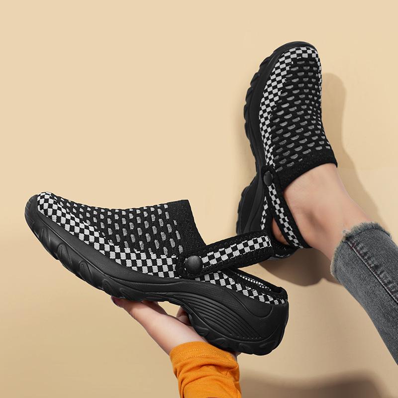 Women Round-toe Half Slippers Breathable Mesh 2 in 1 Slippers Ladies Elastic Casual Walking Shoes Lightweight Slip-ons