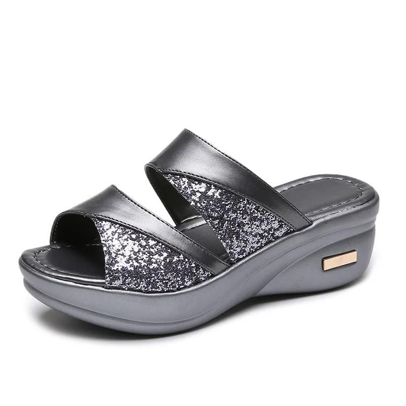 Summer High Heels Open Toe Sandals Glitter Wedges Shoes Female Casual Shoes Slingbacks Light Sandals For Woman