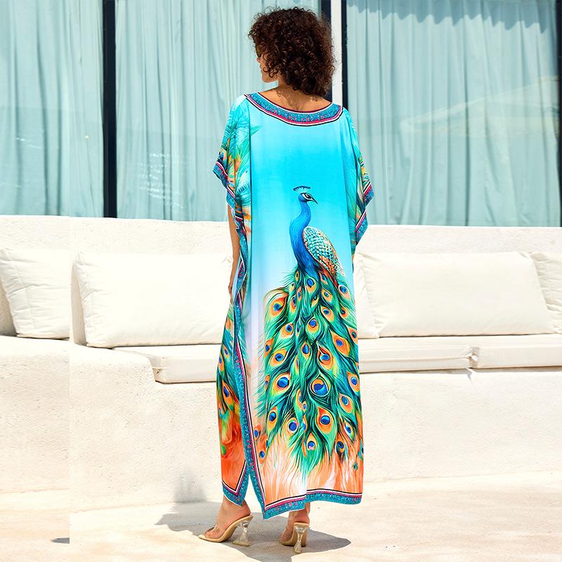 European & American Cotton Print Beach Cover-Up Long Dress - Plus Size Swimsuit Sunscreen Robe