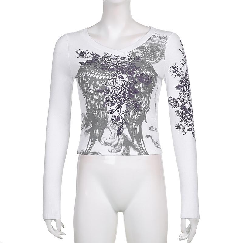 Crop Top Women Vintage Grunge Graphic Print Slim Fit Fairy Tees Tops Retro Aesthetic Long Sleeve Female T Shirt Streetwear