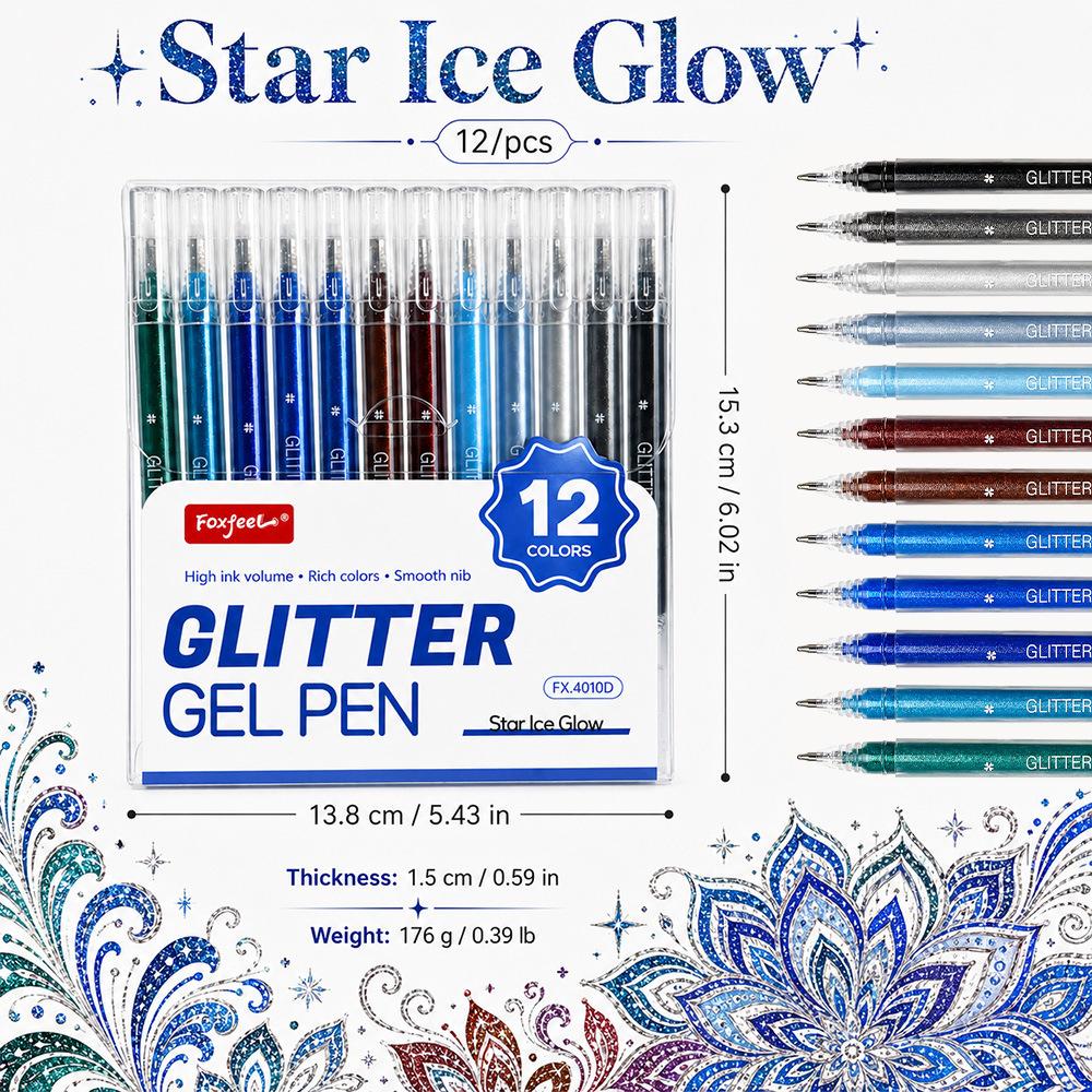 Colorful Glitter Gel Pens 12/36pcs Set 0.8mm Fine Point Vibrant Sparkle Highlighter Liner Stackable Shimmer Pattern