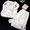 Spring and summer new ice silk pajamas fresh women's suspenders four-piece set high-end lace temperament loungewear trousers set