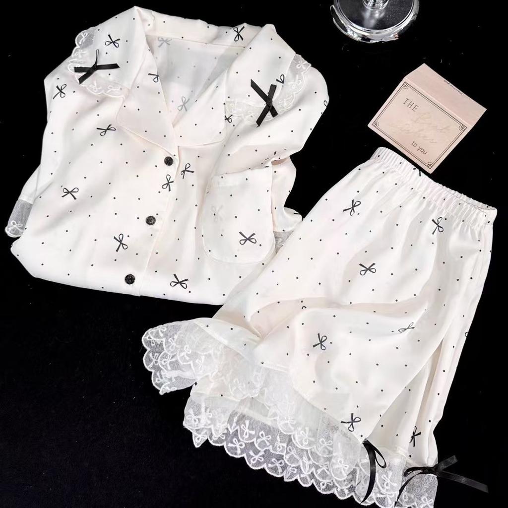 Spring and summer new ice silk pajamas fresh women's suspenders four-piece set high-end lace temperament loungewear trousers set