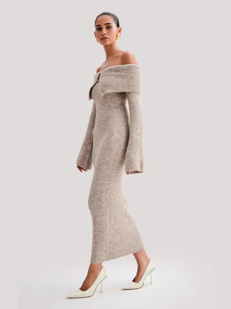 Women's Elegant Off-the-Shoulder Knit Dress with Lapel - European & American Style 2026