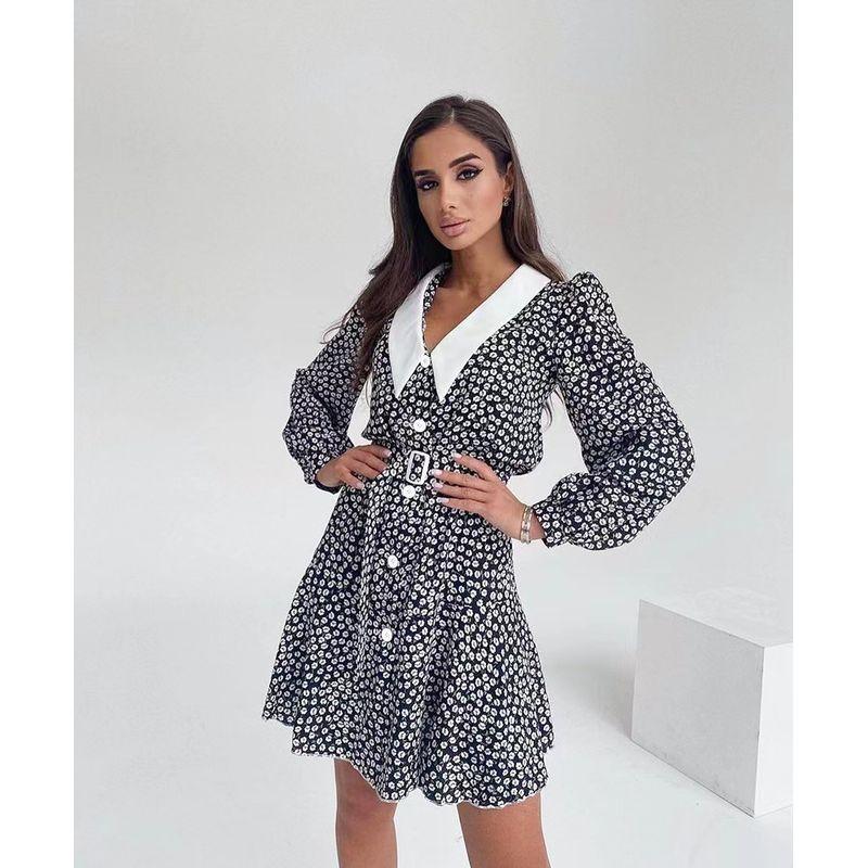 

Мода Ветер Новое Платье с Воротником Питер Пэн, Пышными Рукавами и Цветочным Принтом, Элегантное Платье с Длинным Рукавом с Цветочным Принтом Black L