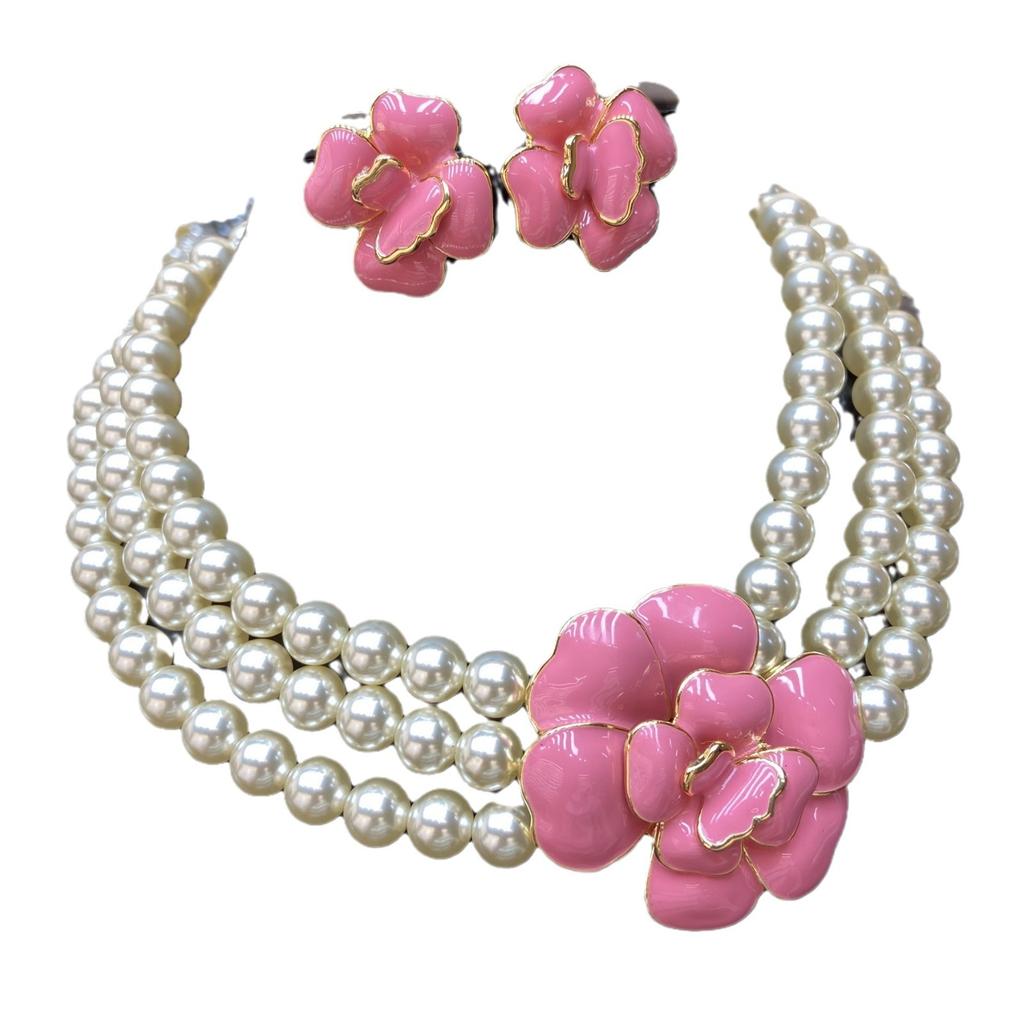 Medieval Premium Pink Camellia Multi-Layer Neck Chain Necklace Drip Oil Enamel Color Flower Stud Earrings Set