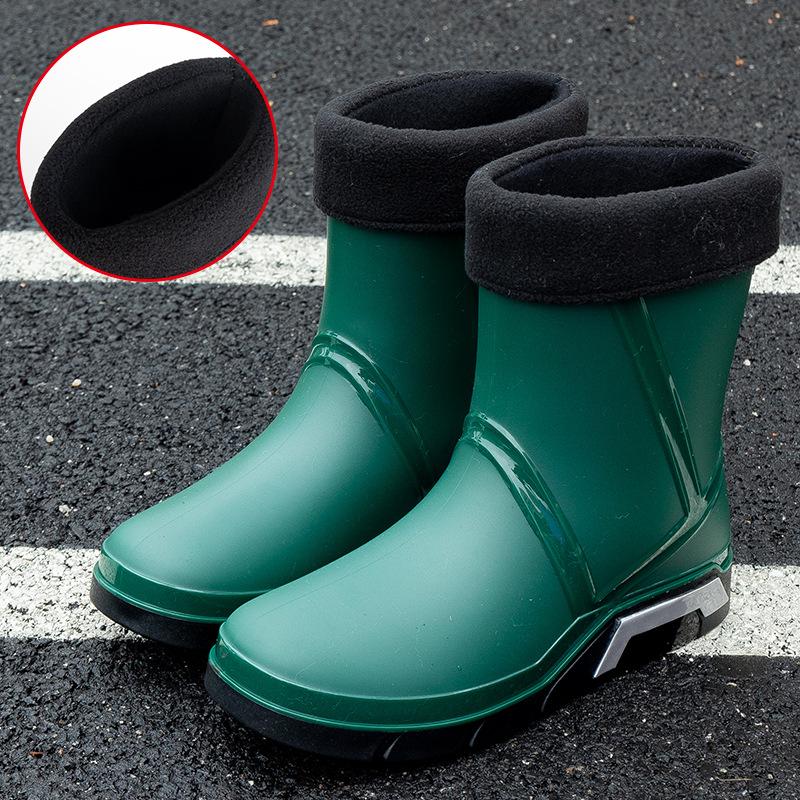 Fashion Men Rain Boots Mid-Calf Length Non-slip Waterproof Rain Boots Car Washing Fishing Leisure Work Rubber Shoes with Cotton
