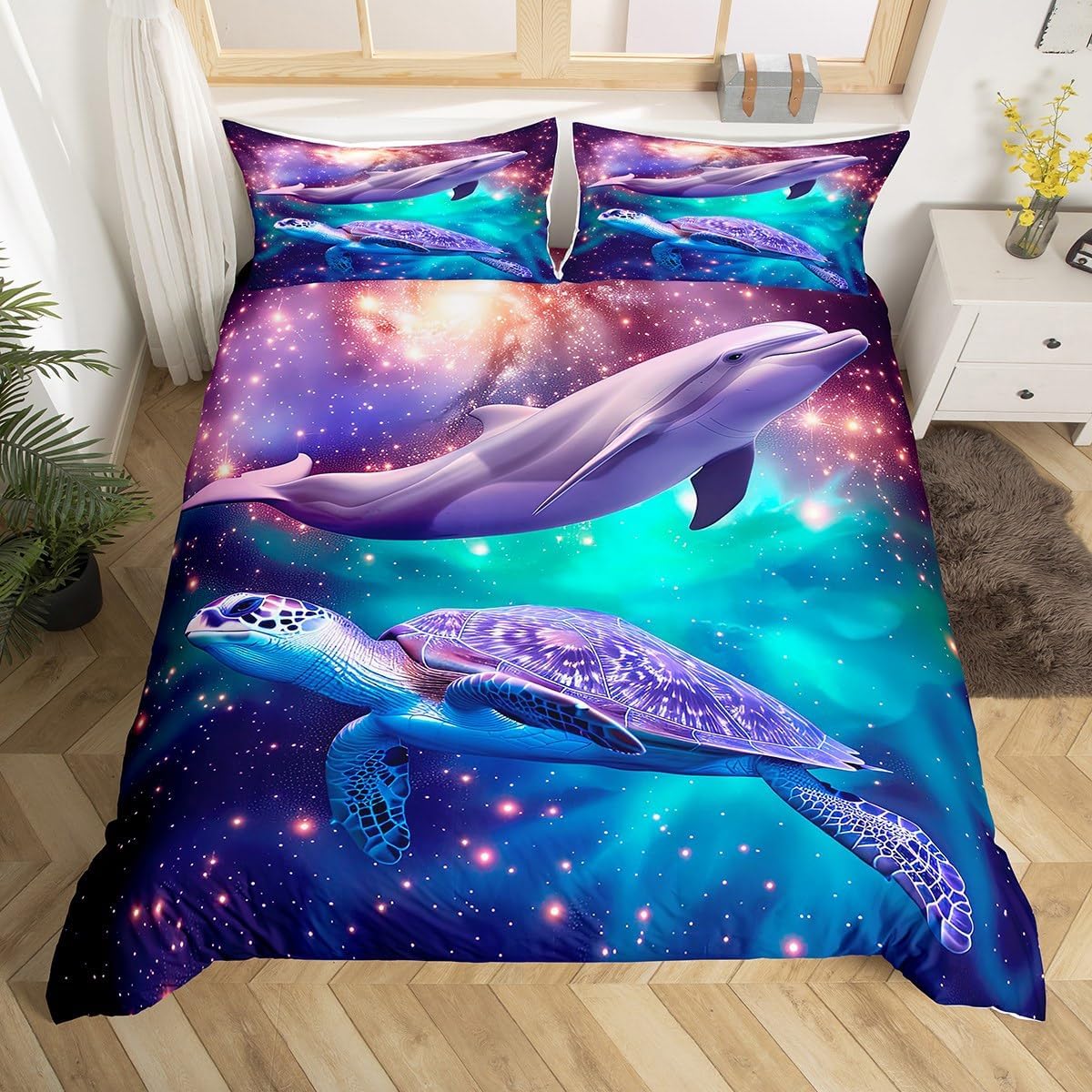 

Rose Floral Bedding Set Full Romantic Themed Duvet Cover Cute Cartoon Dolphin Print Comforter Cover For Girls Women Couple Room EU Single(135x200cm)