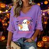 Women's V-Neck Three-Quarter Sleeve Halloween Print Blouse for Costume Party Seasonal Wear